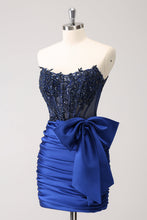 Load image into Gallery viewer, Sparkly Navy Strapless Tight Homecoming Dress with Beaded Appliques
