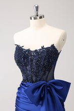 Load image into Gallery viewer, Sparkly Navy Strapless Tight Homecoming Dress with Beaded Appliques
