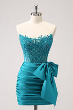 Load image into Gallery viewer, Sparkly Navy Strapless Tight Homecoming Dress with Beaded Appliques
