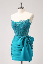 Load image into Gallery viewer, Sparkly Navy Strapless Tight Homecoming Dress with Beaded Appliques
