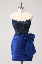 Load image into Gallery viewer, Sparkly Navy Strapless Tight Homecoming Dress with Beaded Appliques
