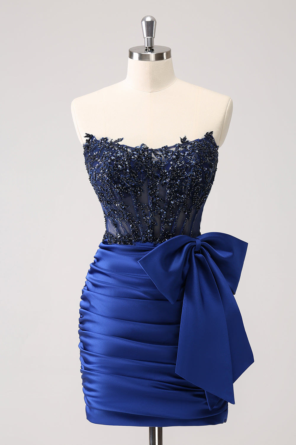Sparkly Navy Strapless Tight Homecoming Dress with Beaded Appliques