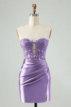 Load image into Gallery viewer, Navy Sparkly Strapless Tight Hollow Out Homecoming Dress with Slit
