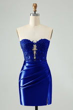Load image into Gallery viewer, Navy Sparkly Strapless Tight Hollow Out Homecoming Dress with Slit
