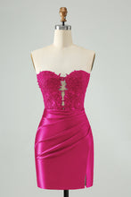 Load image into Gallery viewer, Navy Sparkly Strapless Tight Hollow Out Homecoming Dress with Slit
