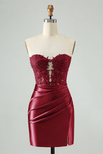 Load image into Gallery viewer, Navy Sparkly Strapless Tight Hollow Out Homecoming Dress with Slit
