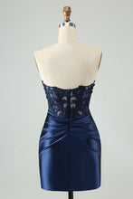 Load image into Gallery viewer, Navy Sparkly Strapless Tight Hollow Out Homecoming Dress with Slit
