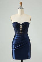 Load image into Gallery viewer, Navy Sparkly Strapless Tight Hollow Out Homecoming Dress with Slit
