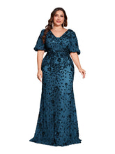 Load image into Gallery viewer, Teal Mermaid Plus Size V Neck Mother of the Bride Dress with Sequin Appliques
