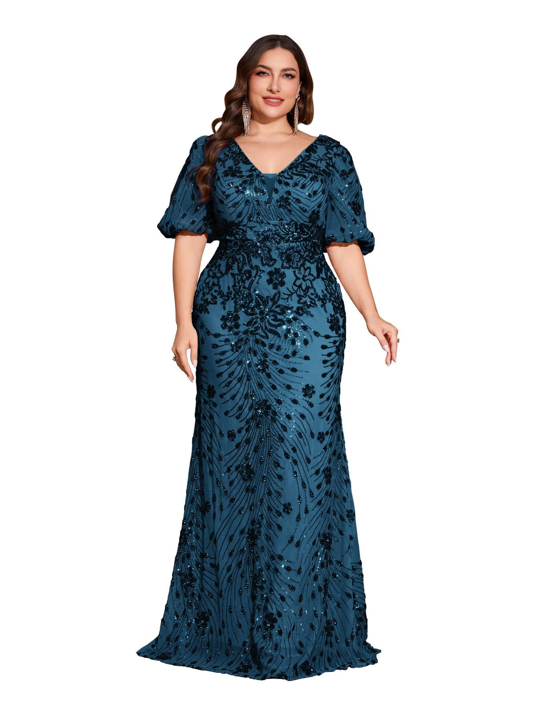 Teal Mermaid Plus Size V Neck Mother of the Bride Dress with Sequin Appliques
