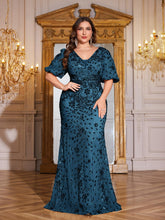 Load image into Gallery viewer, Teal Mermaid Plus Size V Neck Mother of the Bride Dress with Sequin Appliques
