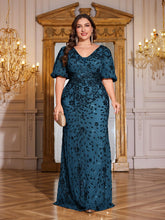 Load image into Gallery viewer, Teal Mermaid Plus Size V Neck Mother of the Bride Dress with Sequin Appliques
