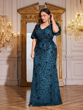Load image into Gallery viewer, Teal Mermaid Plus Size V Neck Mother of the Bride Dress with Sequin Appliques
