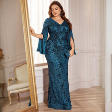 Load image into Gallery viewer, Burgundy Mermaid Plus Size V Neck Mother of the Bride Dress with Sequin Lace
