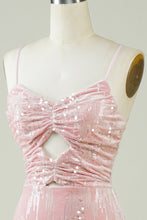 Load image into Gallery viewer, Pink Velvet Sequins Mini Tight Homecoming Dress with Hollow-out
