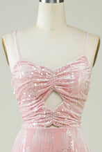 Load image into Gallery viewer, Pink Velvet Sequins Mini Tight Homecoming Dress with Hollow-out
