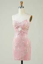 Load image into Gallery viewer, Pink Velvet Sequins Mini Tight Homecoming Dress with Hollow-out
