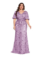 Load image into Gallery viewer, Teal Mermaid Plus Size V Neck Mother of the Bride Dress with Sequin Appliques
