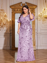 Load image into Gallery viewer, Teal Mermaid Plus Size V Neck Mother of the Bride Dress with Sequin Appliques
