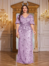Load image into Gallery viewer, Teal Mermaid Plus Size V Neck Mother of the Bride Dress with Sequin Appliques
