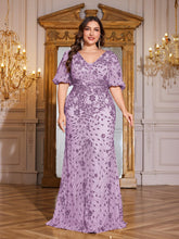 Load image into Gallery viewer, Teal Mermaid Plus Size V Neck Mother of the Bride Dress with Sequin Appliques
