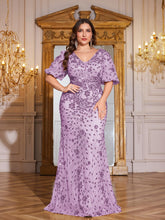Load image into Gallery viewer, Teal Mermaid Plus Size V Neck Mother of the Bride Dress with Sequin Appliques

