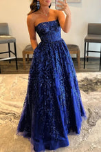 Load image into Gallery viewer, A-line Strapless Sequined Lace Long Prom Dress with Pockets
