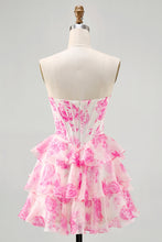 Load image into Gallery viewer, White Blue Strapless Floral A Line Corset Tiered Short Homecoming Dress
