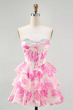 Load image into Gallery viewer, White Blue Strapless Floral A Line Corset Tiered Short Homecoming Dress
