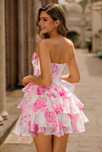 Load image into Gallery viewer, White Blue Strapless Floral A Line Corset Tiered Short Homecoming Dress
