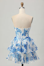 Load image into Gallery viewer, White Blue Strapless Floral A Line Corset Tiered Short Homecoming Dress
