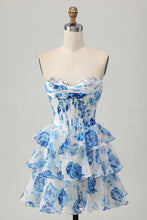 Load image into Gallery viewer, White Blue Strapless Floral A Line Corset Tiered Short Homecoming Dress
