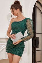 Load image into Gallery viewer, Green One Shoulder Sparkly Sequins Beaded Short Homecoming Dress
