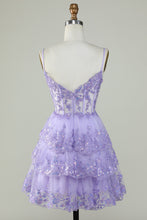 Load image into Gallery viewer, Dusty Blue Spaghetti Straps Corset Tiered Homecoming Dress with Lace Appliques
