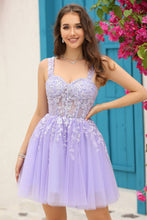 Load image into Gallery viewer, Lilac Spaghetti Straps A-Line Tulle Corset Short Homecoming Dress
