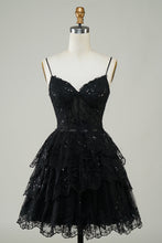 Load image into Gallery viewer, Dusty Blue Spaghetti Straps Corset Tiered Homecoming Dress with Lace Appliques
