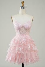 Load image into Gallery viewer, Dusty Blue Spaghetti Straps Corset Tiered Homecoming Dress with Lace Appliques
