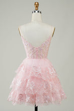 Load image into Gallery viewer, Dusty Blue Spaghetti Straps Corset Tiered Homecoming Dress with Lace Appliques
