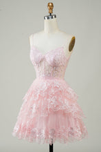 Load image into Gallery viewer, Dusty Blue Spaghetti Straps Corset Tiered Homecoming Dress with Lace Appliques
