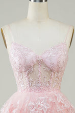 Load image into Gallery viewer, Dusty Blue Spaghetti Straps Corset Tiered Homecoming Dress with Lace Appliques
