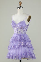 Load image into Gallery viewer, Dusty Blue Spaghetti Straps Corset Tiered Homecoming Dress with Lace Appliques
