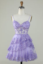 Load image into Gallery viewer, Dusty Blue Spaghetti Straps Corset Tiered Homecoming Dress with Lace Appliques
