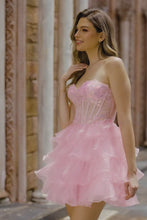 Load image into Gallery viewer, Pink Strapless Sequins Corset Tiered Mini Homecoming Dress

