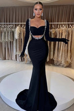 Load image into Gallery viewer, Sweetheart Black velvet Long Sleeve Beaded Mermaid Prom Dress with Gloves
