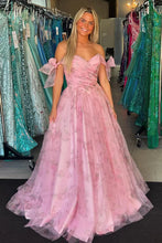 Load image into Gallery viewer, Pink A Line Off the Shoulder Floral Printed Lace Long Prom Dresses
