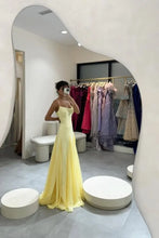 Load image into Gallery viewer, Spaghetti-Straps Light Yellow Chiffon Stitching Semi-formal A Line Prom Dress
