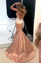 Load image into Gallery viewer, Mermaid V-neck Sleeveless Sweep Train Satin Prom Dresses With Applique
