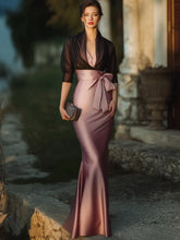 Load image into Gallery viewer, Elegant Draped Satin Mermaid Prom Dress V Neck Evening Gown With Sheer Shawl Overlay
