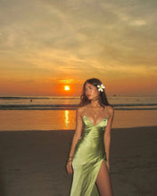 Load image into Gallery viewer, V-Neck Spaghetti Straps Green Split Lace-up Satin Mermaid Prom Dress
