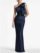 Load image into Gallery viewer, Champagne Satin Mermaid Prom Dress Evening Gown Formal Fall Ankle Length Sleeveless One Shoulder With Bow
